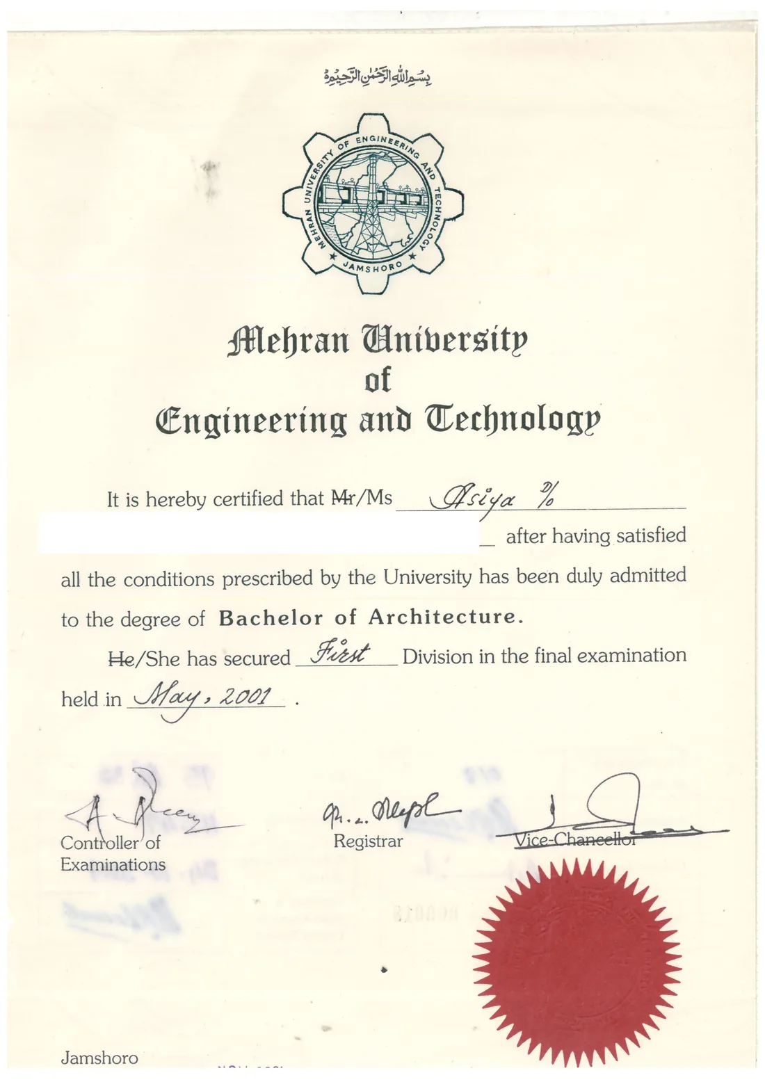 Bachelor of Architecture Degree — Asiya Faheem Ansari, Mehran University, 2001