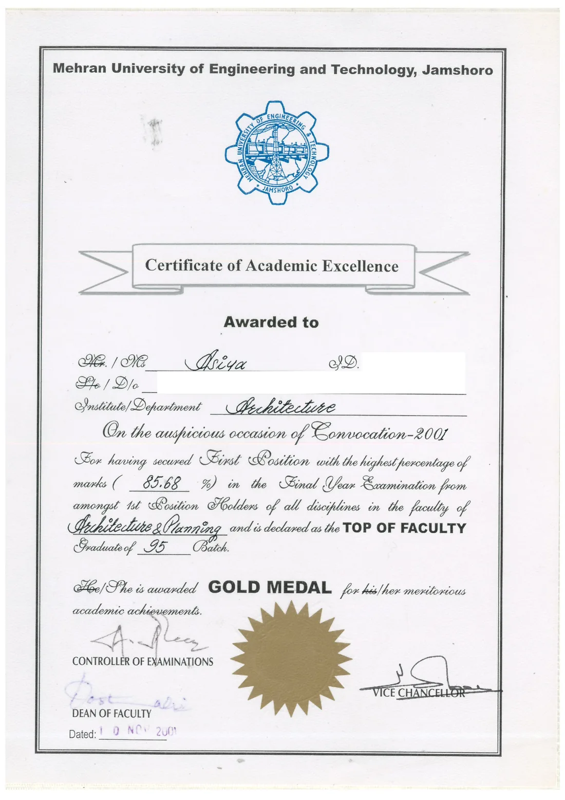 Gold Medal Certificate — Asiya Faheem Ansari, Mehran University of Engineering & Technology