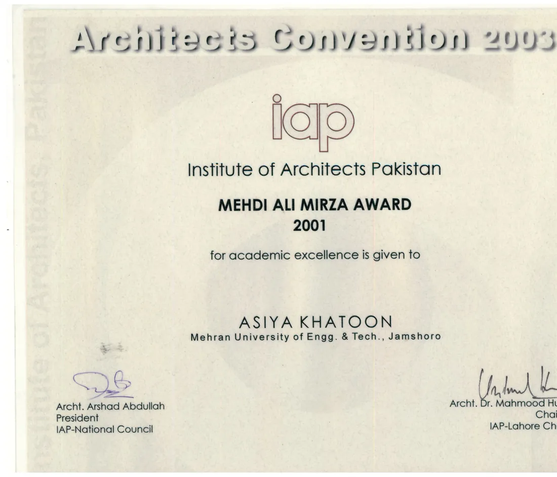 Mehdi Ali Mirza Award — Asiya Faheem Ansari, Institute of Architects Pakistan