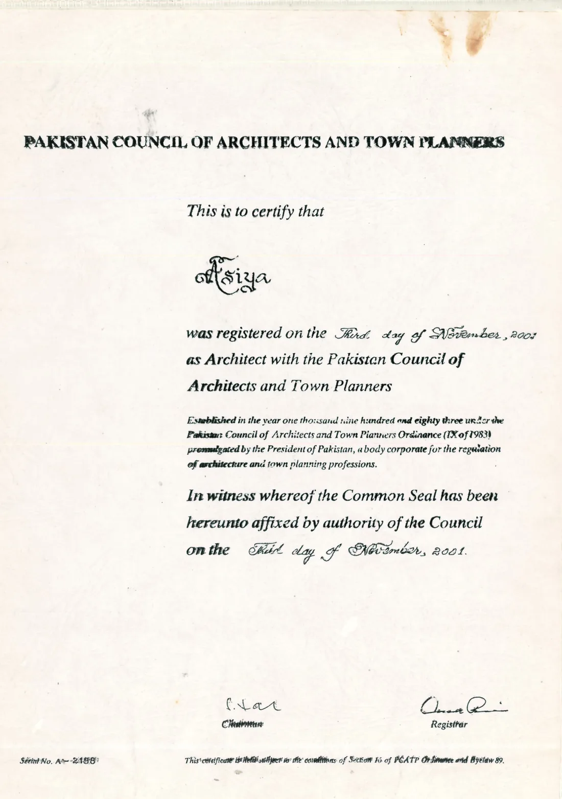 PCATP Registration Certificate — Asiya Faheem Ansari, Architect, Registration No. A02188, 2001