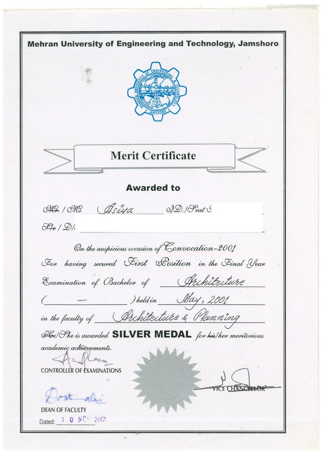 Silver Medal Certificate — Asiya Faheem Ansari, Architecture