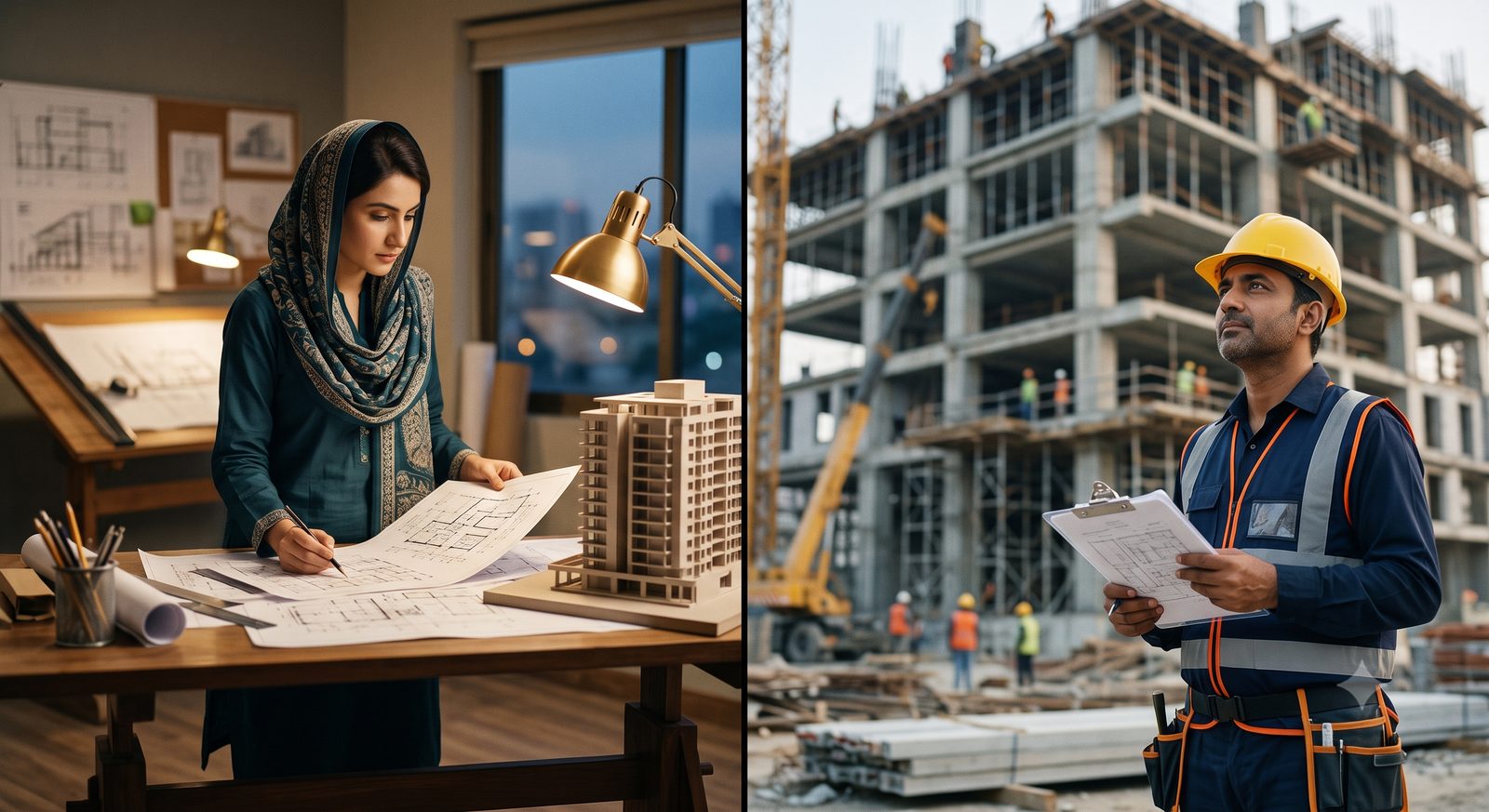 Architect reviewing construction drawings on site alongside a contractor