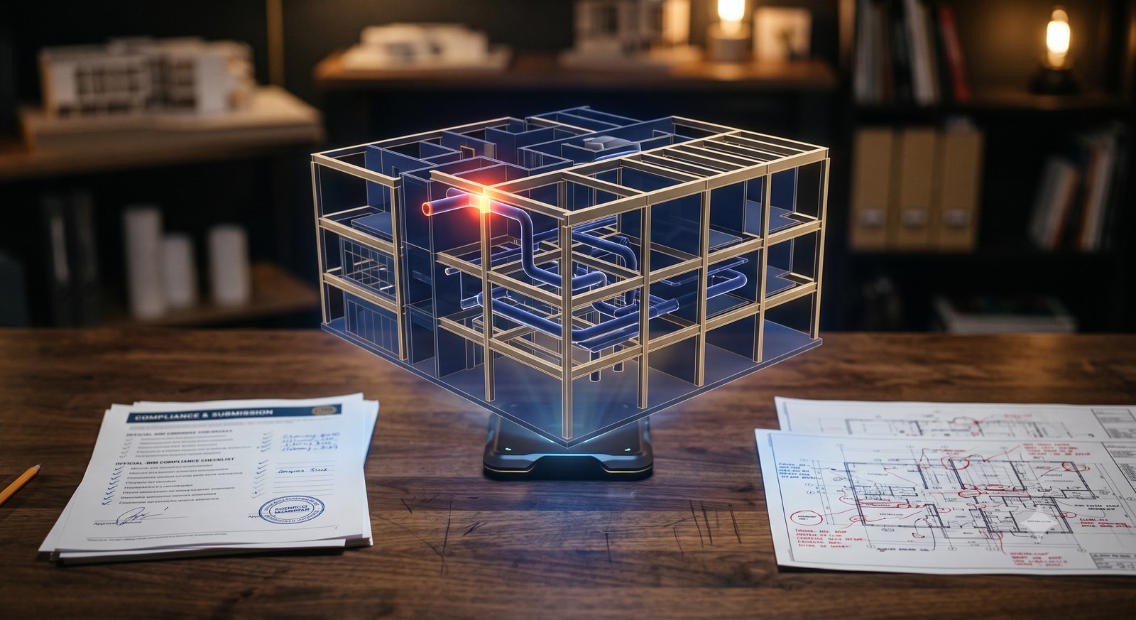 BIM coordination model showing clash detection across architecture, structure, and MEP systems
