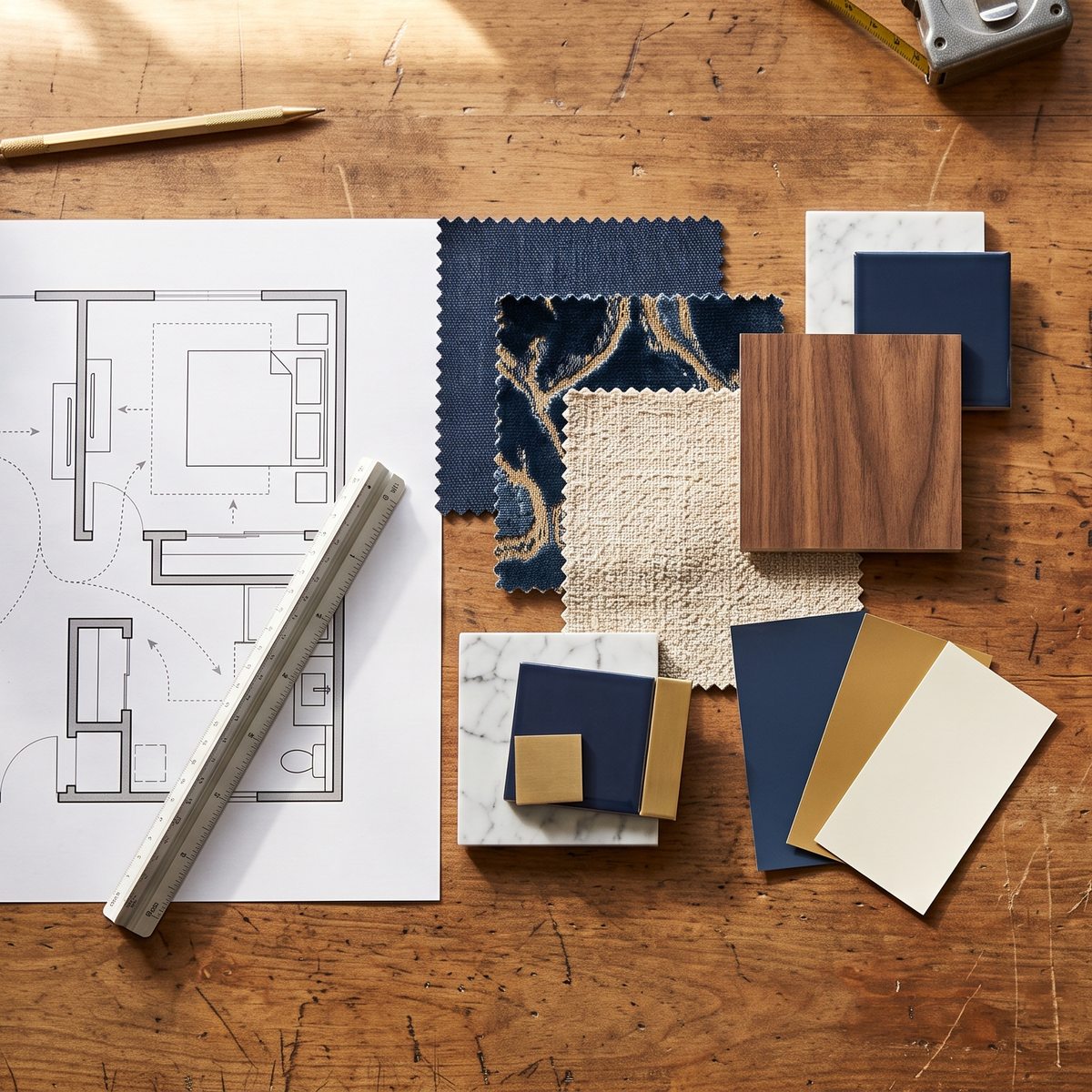 Interior design workflow from space planning through material selection and execution