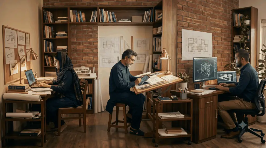 Architecture studio team working together — hand-drafting at a table, laptop research, and a 3D BIM model on a computer screen