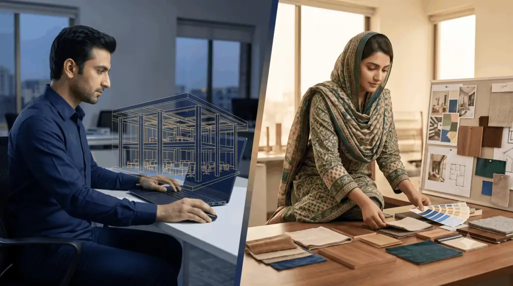 Split image comparing a structural BIM wireframe model with an interior designer arranging material swatches