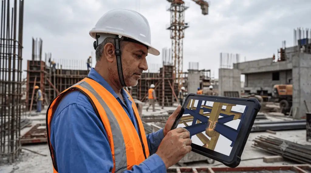 Construction site supervisor reviewing a 3D BIM model on a tablet at an active building site