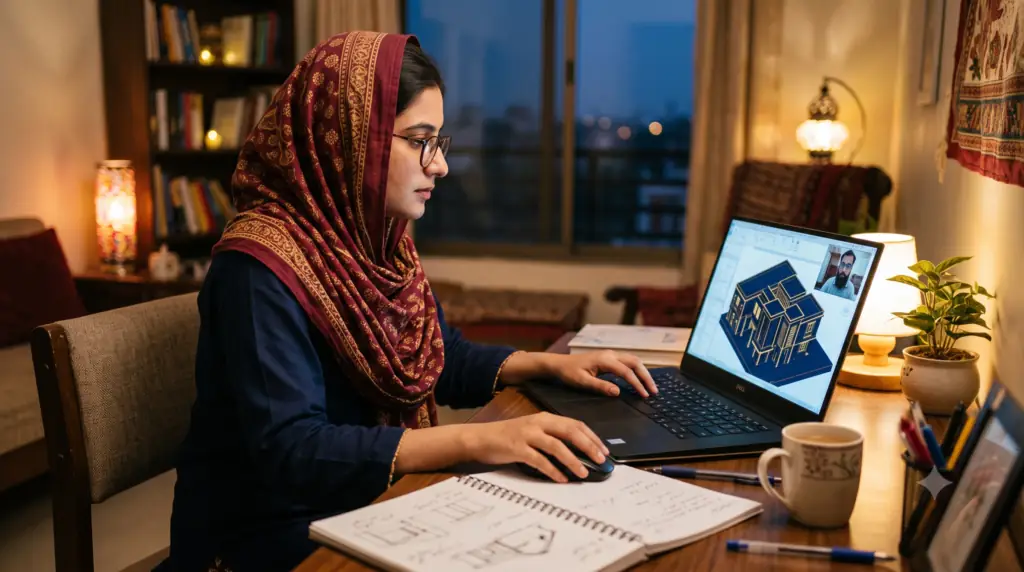 Woman attending an online BIM training session at home, video call with instructor and 3D building model visible on her laptop screen
