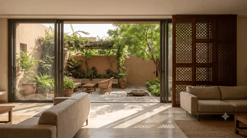 Living room opening onto a courtyard through a traditional wooden jali screen, a contemporary Pakistani interior design