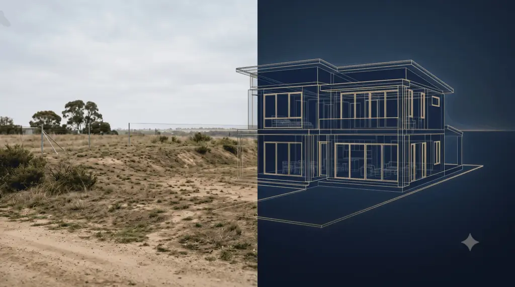 Split image showing a vacant land plot transitioning into a wireframe architectural building design