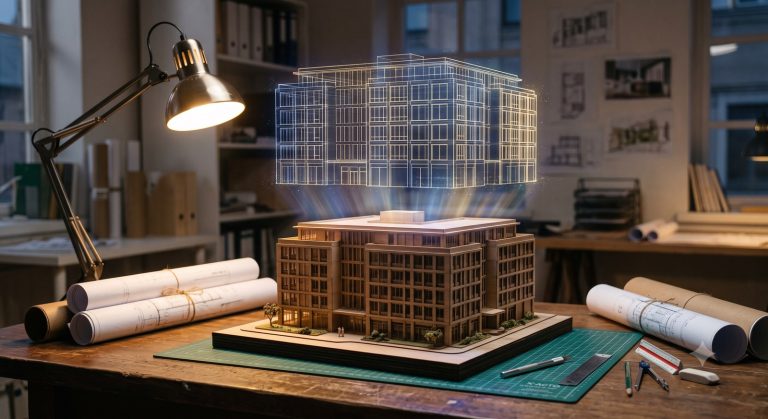 Holographic architectural model over a physical scale building model