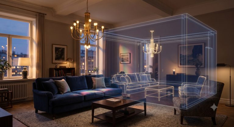 Miniature holographic room projection on a coffee table in a real living room