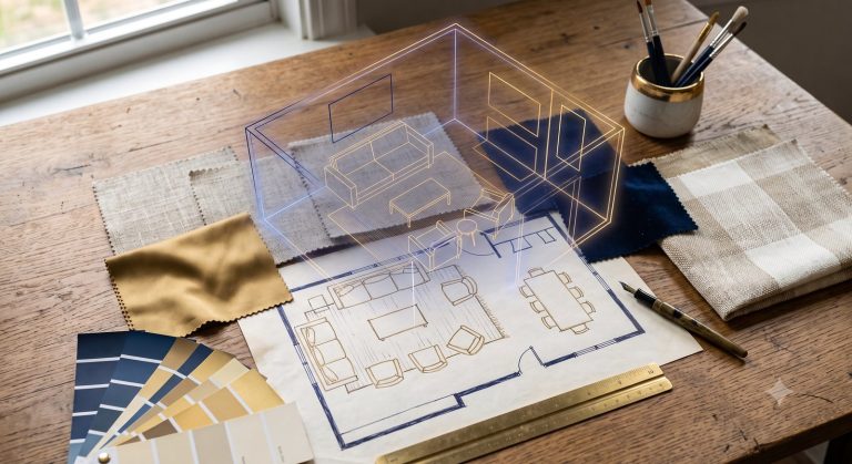 Material palette and floor plan flat-lay with holographic room overlay