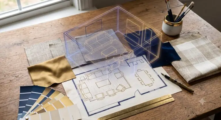 Material palette and floor plan flat-lay with holographic room overlay