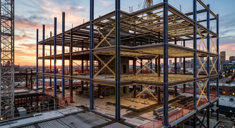 Glowing structural framework overlay on a real construction site