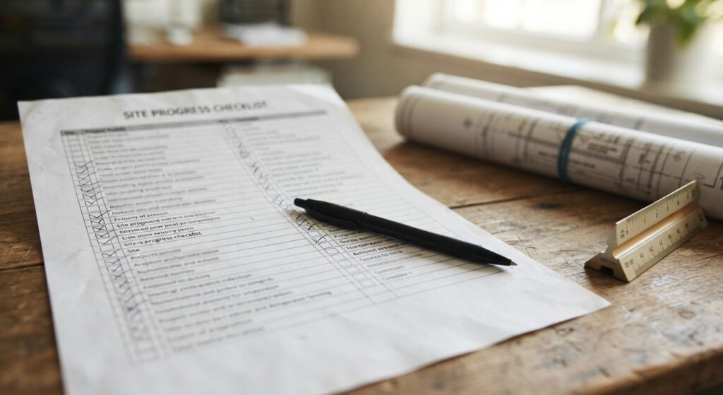 Close-up of a printed architect-hiring checklist with checkboxes ticked, alongside rolled architectural drawings