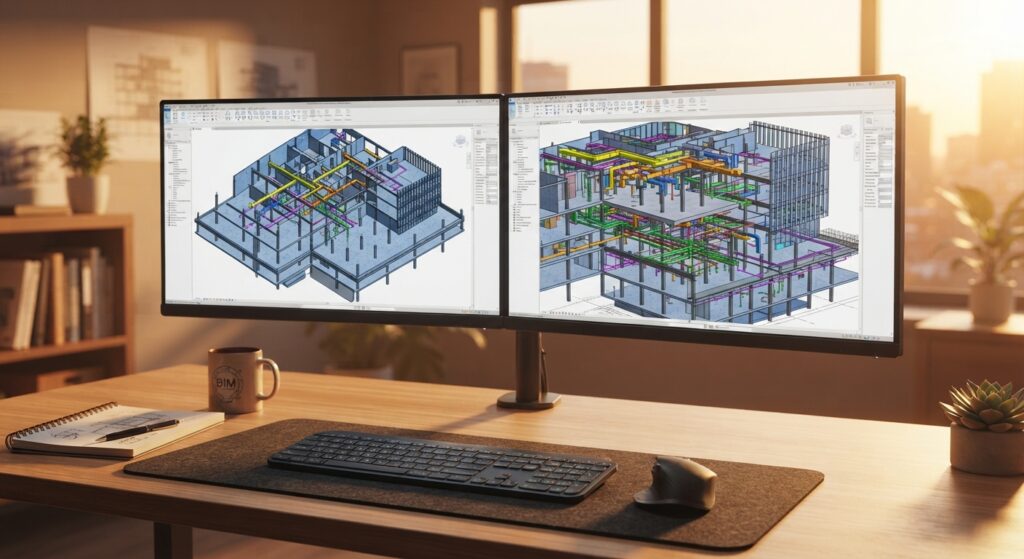 BIM coordination model displayed across two monitors showing structural and MEP layers