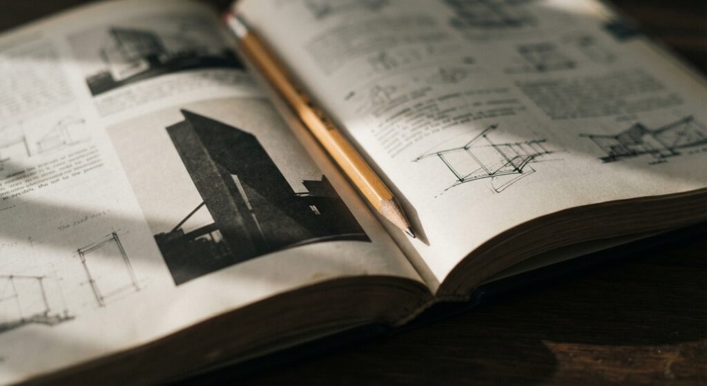 Close-up of an open architecture reference book page with a pencil resting across it
