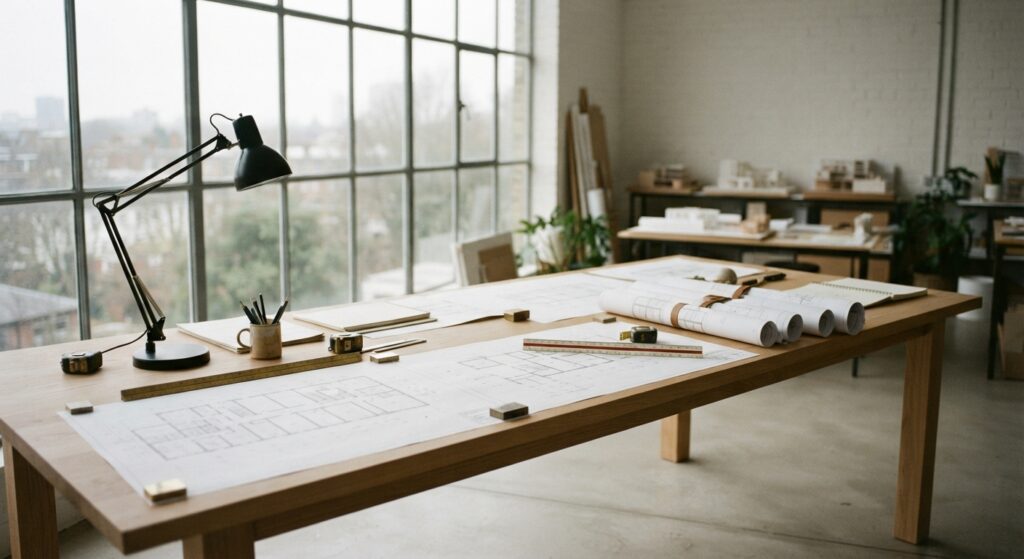 Bright architecture studio table with floor plans and rolled drawings laid out