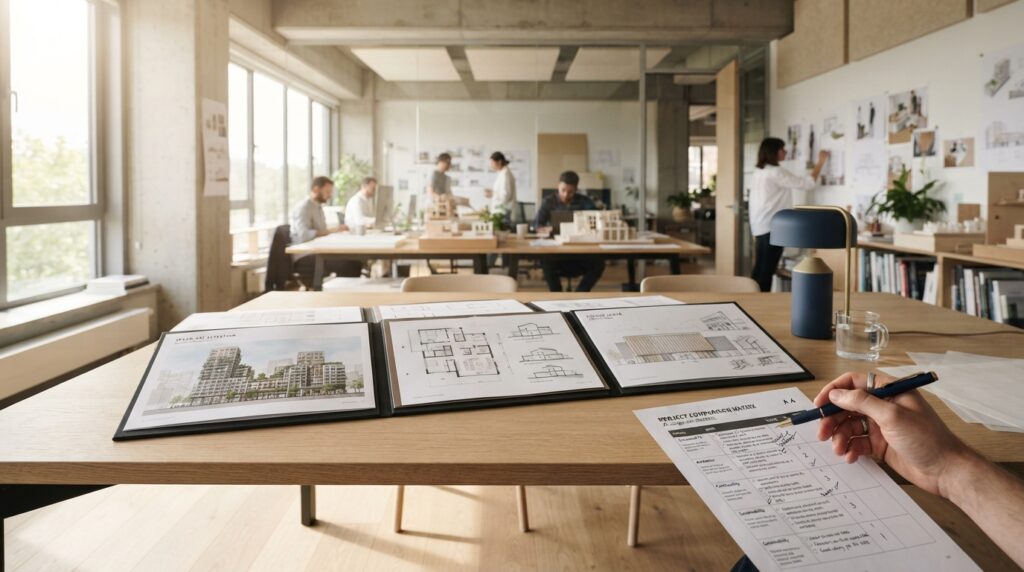 Hand comparing three architects' portfolios and a scoring checklist on a studio table, representing the Architect Comparison Tool.