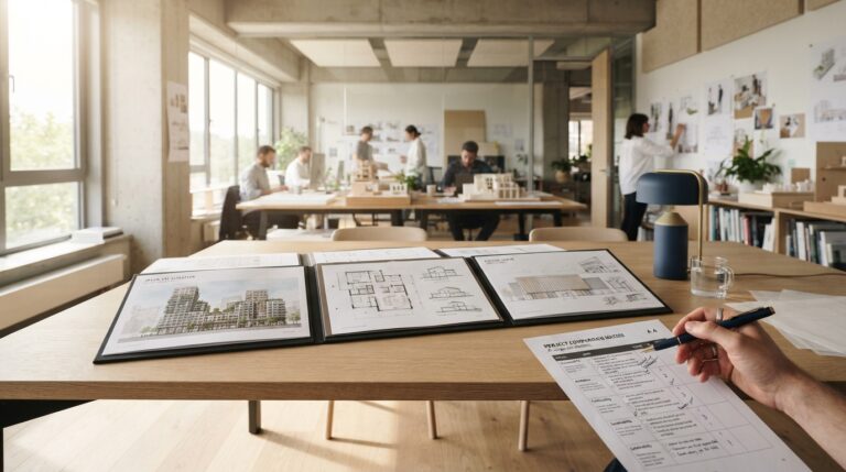 Hand comparing three architects' portfolios and a scoring checklist on a studio table, representing the Architect Comparison Tool.