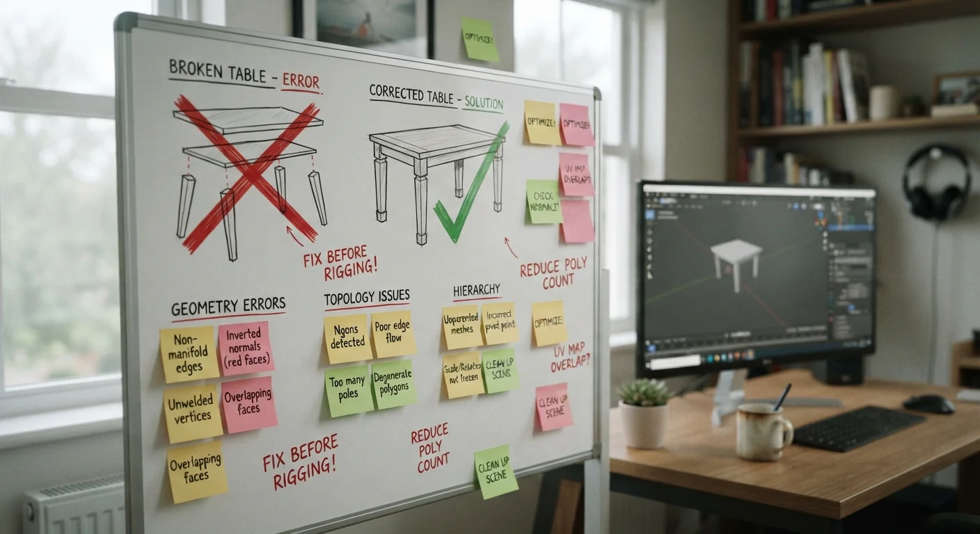 Whiteboard with sticky notes listing modeling errors beside a crossed-out and corrected table sketch
