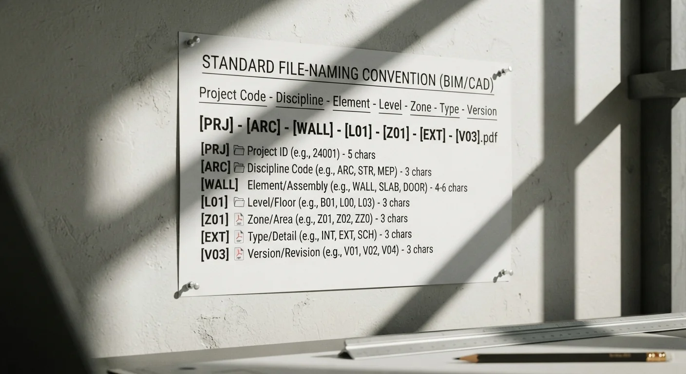 Printed file-naming convention chart pinned to a studio wall