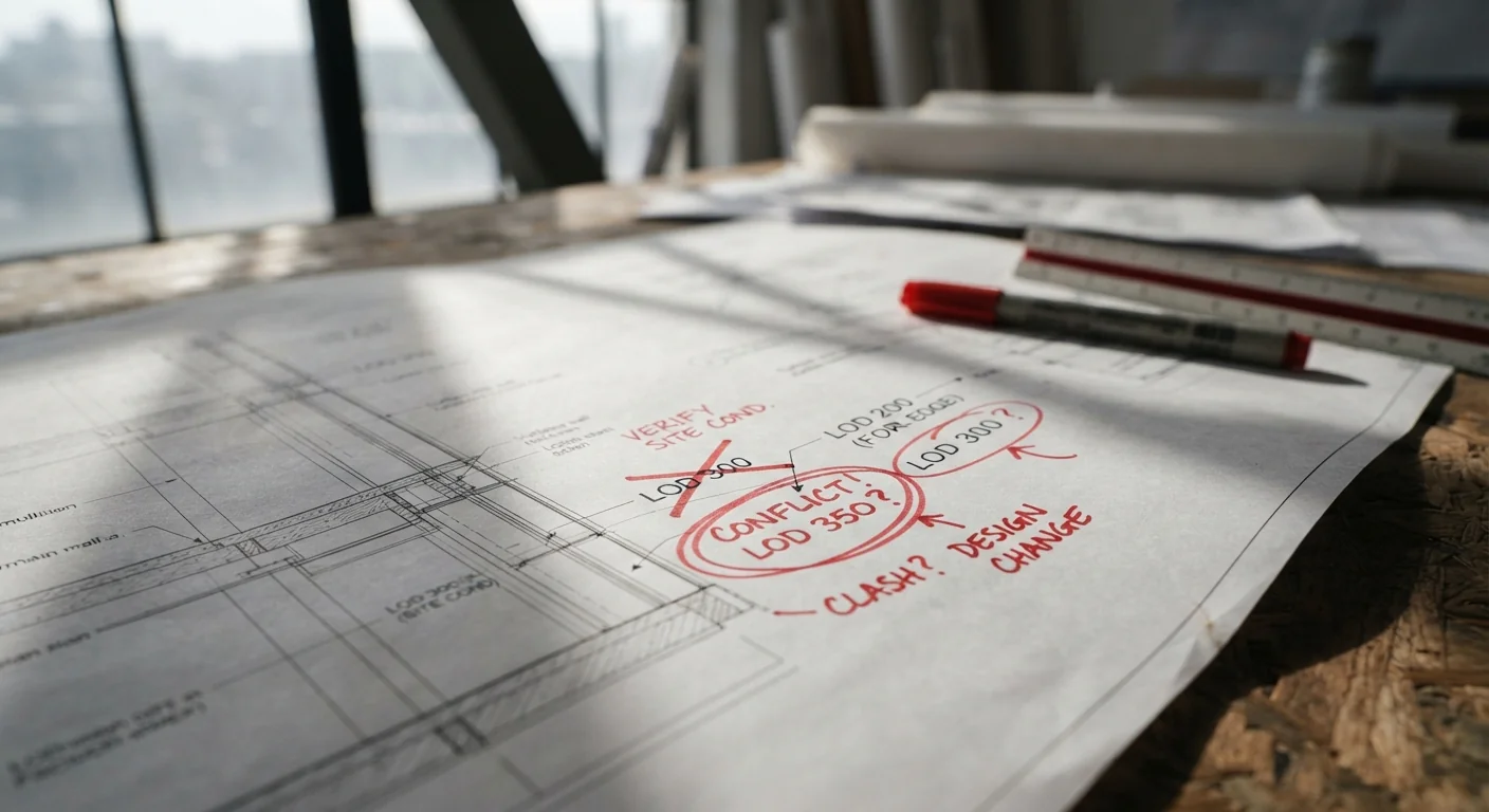 Red-lined printed drawing set with conflicting LOD annotations circled in marker