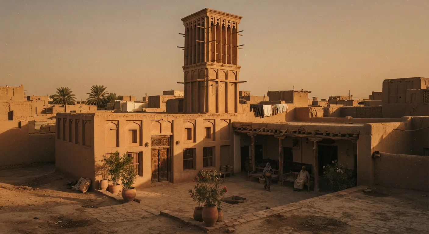 Traditional wind tower rising above a shaded courtyard building at golden hour