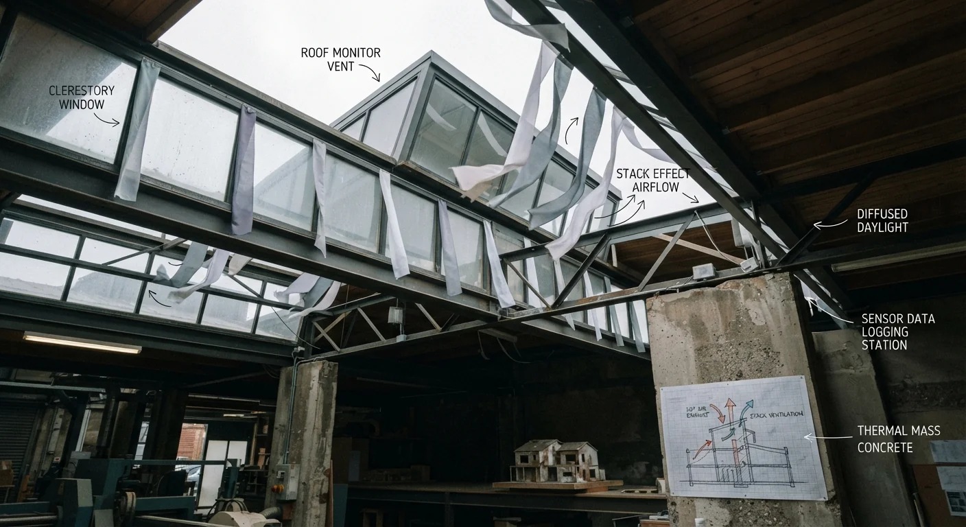 Low-angle view of a clerestory window and roof monitor designed for stack ventilation