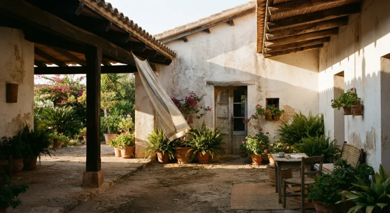 Shaded courtyard with deep roof overhangs and whitewashed walls in golden-hour light