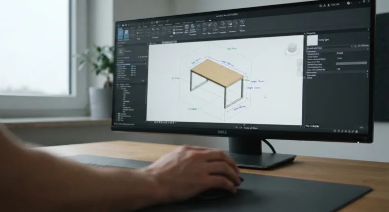 Monitor showing a simple table family in the Revit Family Editor with reference planes and dimensions