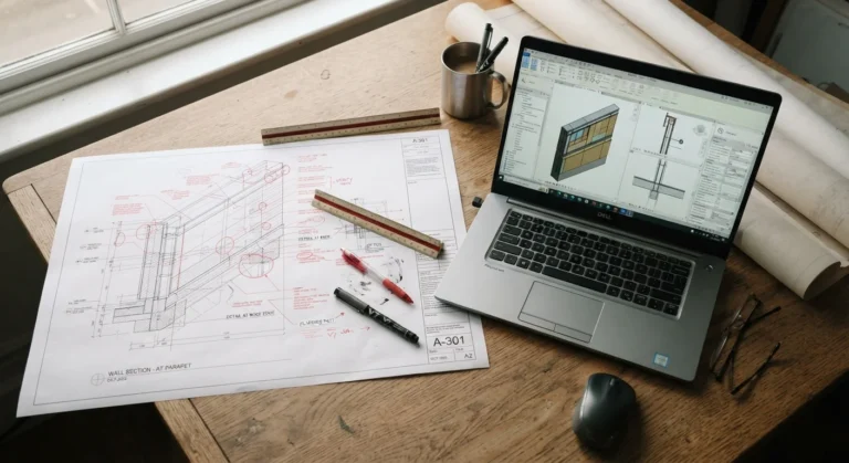 Printed BIM wall section detail beside a laptop showing a coordinated Revit model on a drafting table