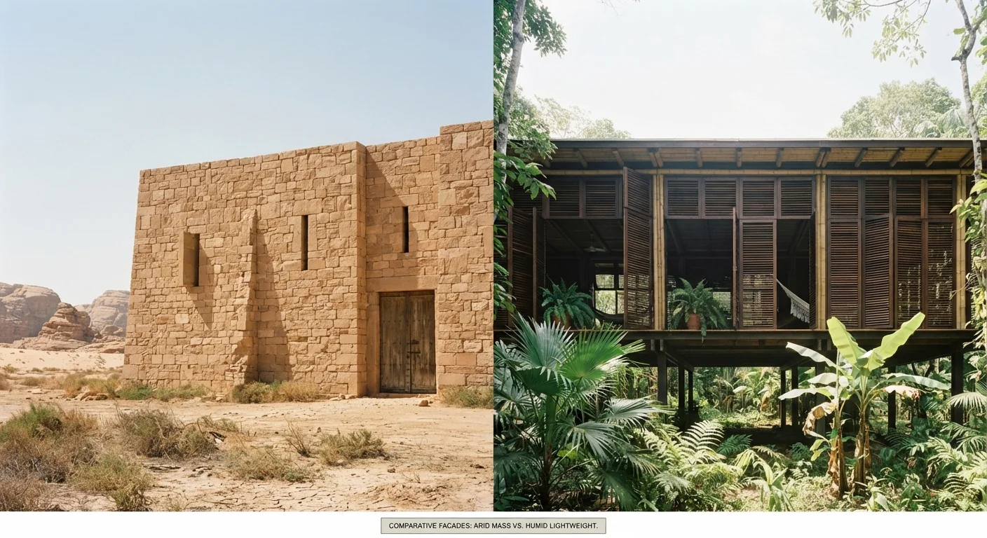 Side-by-side comparison of a heavy-mass desert facade and a lightweight elevated humid-climate facade