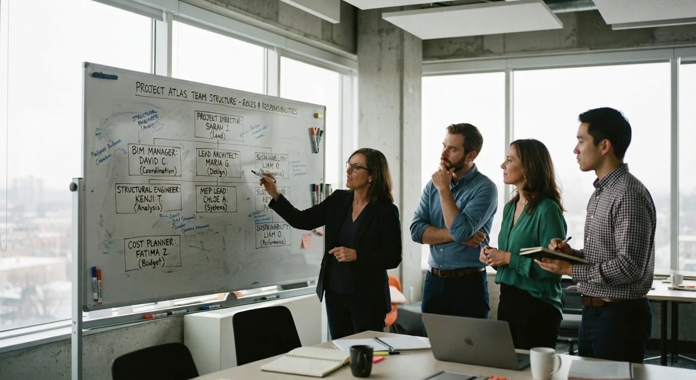 Team meeting around a whiteboard with a project roles organizational chart