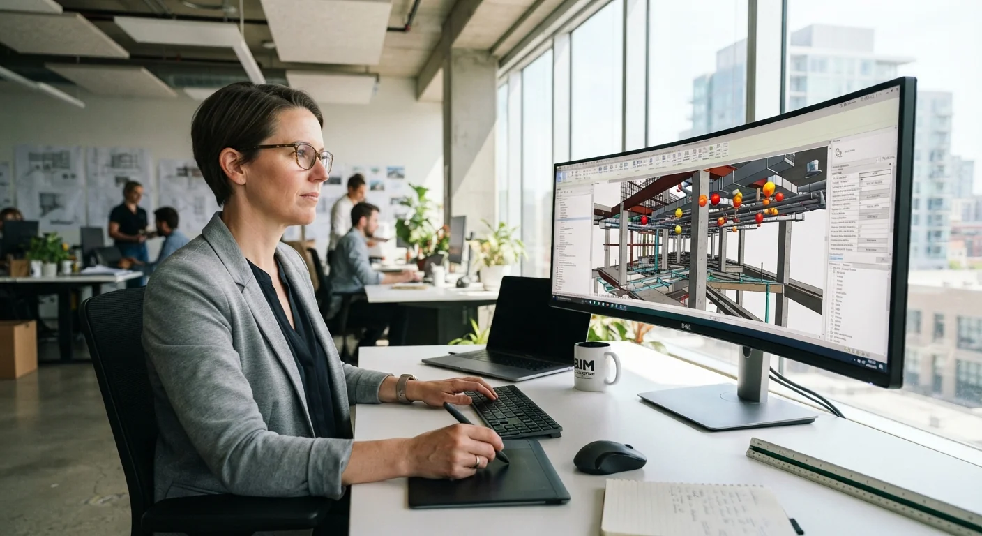 Architect reviewing a coordinated structural and mechanical BIM model on a large monitor
