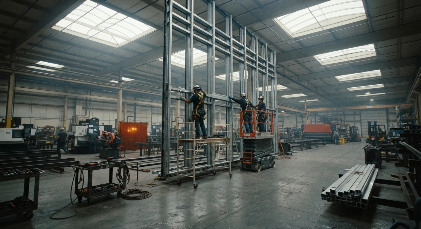 Fabrication shop floor with a curtain wall mullion assembly being test-fitted