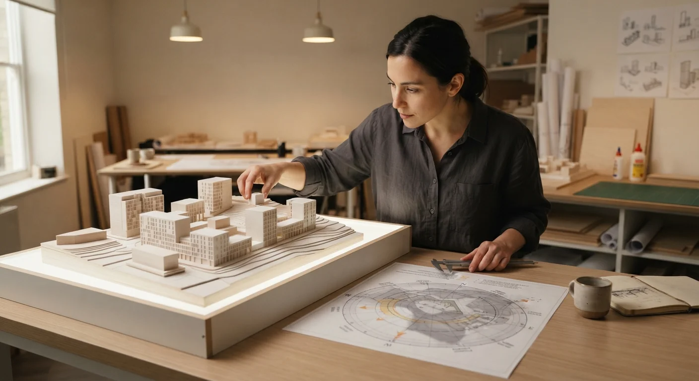 Architect studying a physical building massing model with a sun-path diagram nearby