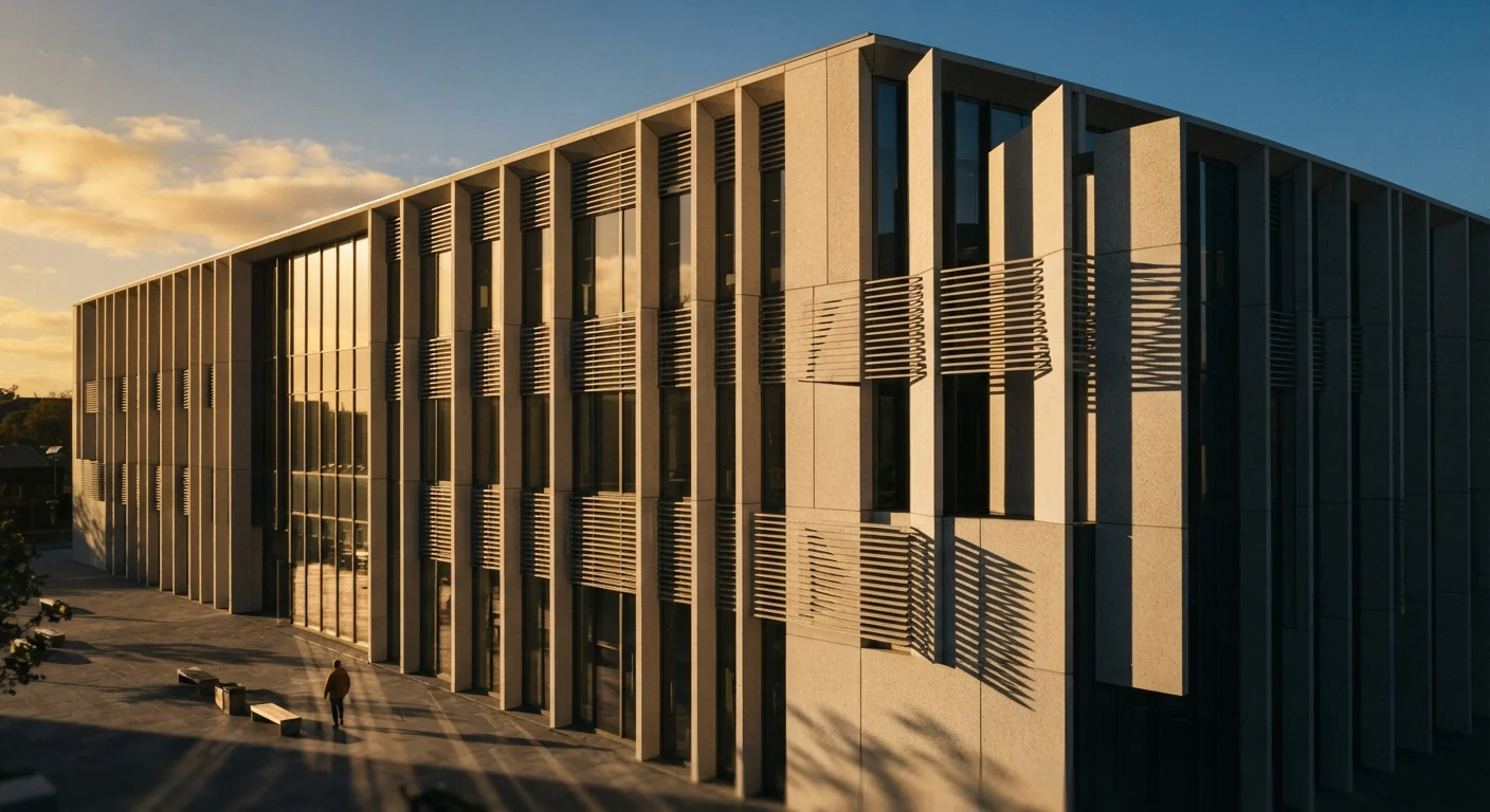 Building facade with vertical fins and horizontal louvers casting deep shadow patterns