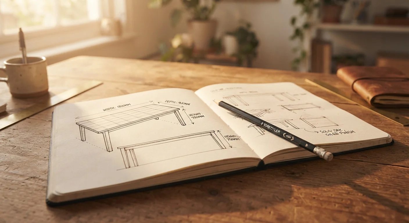 Sketchbook with a hand-drawn table plan and elevation labelled with width, depth and height