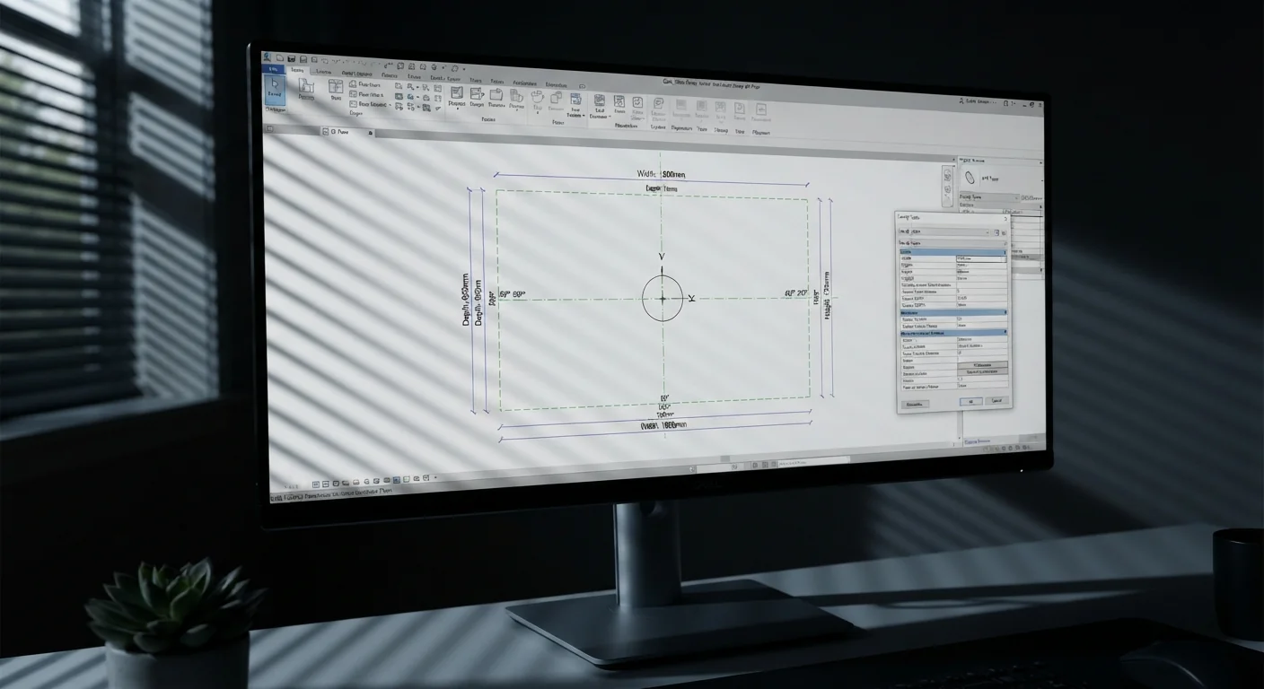 Screen showing labelled Width, Depth and Height dimensions between reference planes in Revit