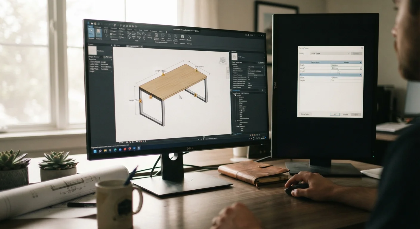 Monitor showing a 3D table family with locked padlock constraints and a parameter dialog open