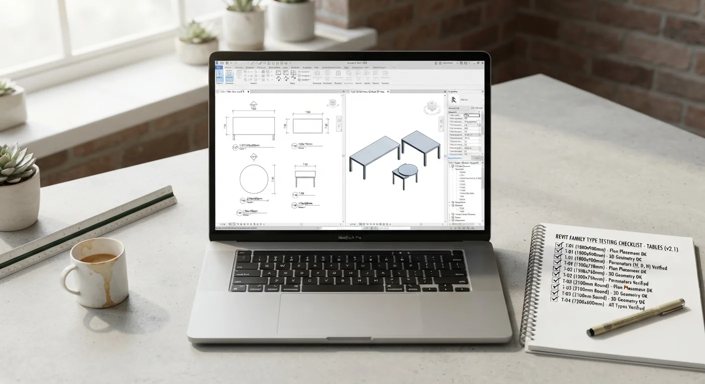 Laptop showing several table sizes placed in a Revit test project next to a ticked checklist