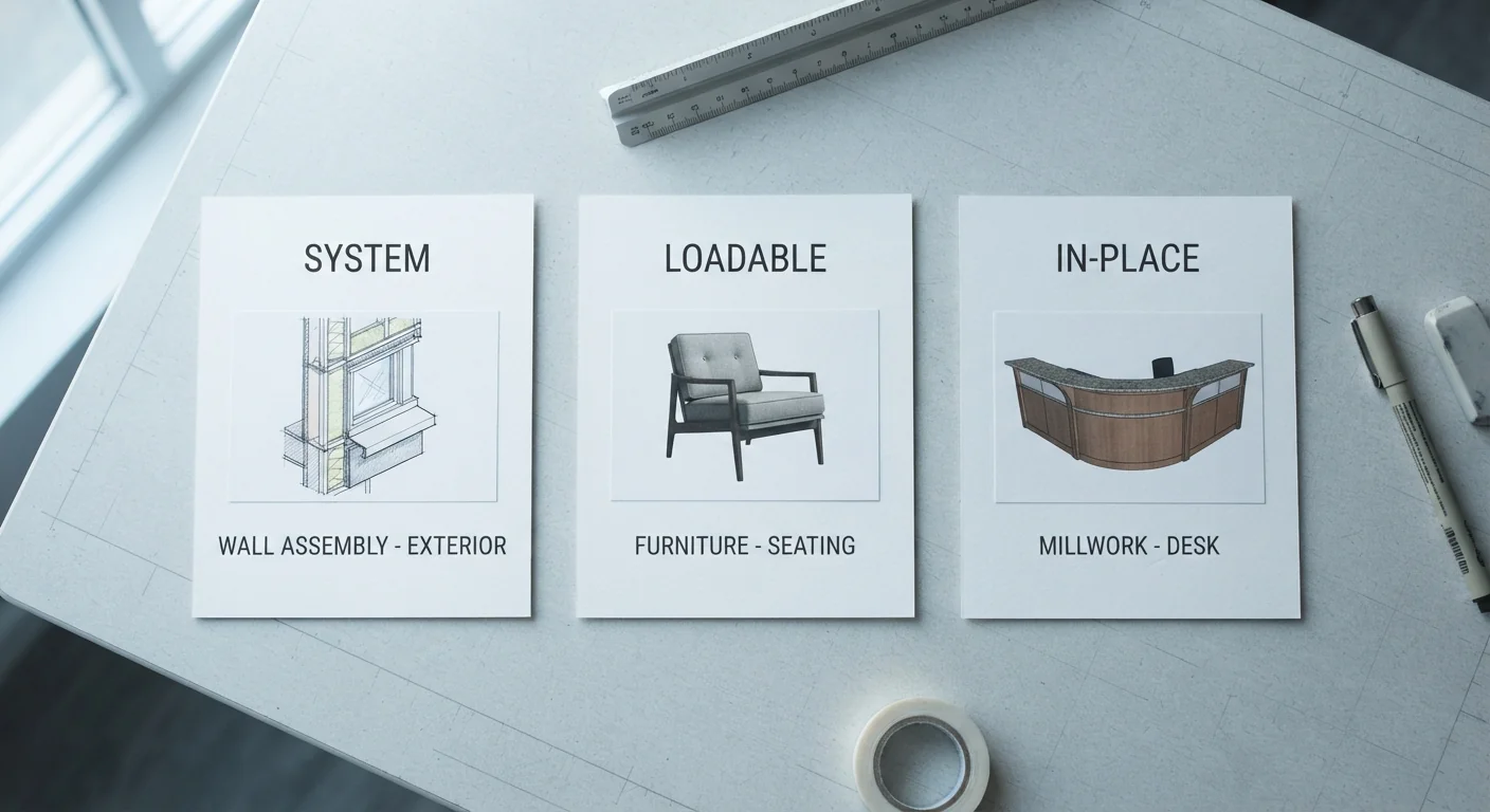 Three labelled cards showing a wall, a chair and a custom desk as examples of Revit family kinds