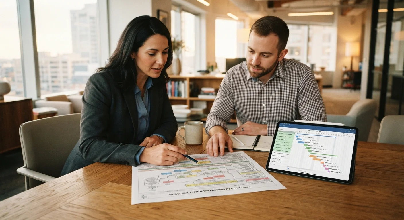 Two people reviewing a printed BIM execution plan document at a conference table