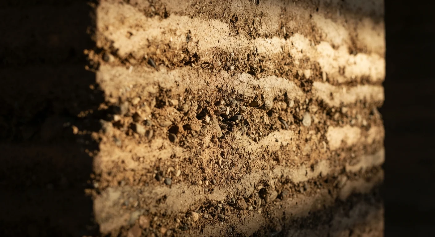 Close-up of a rammed-earth wall section showing layered texture and thickness