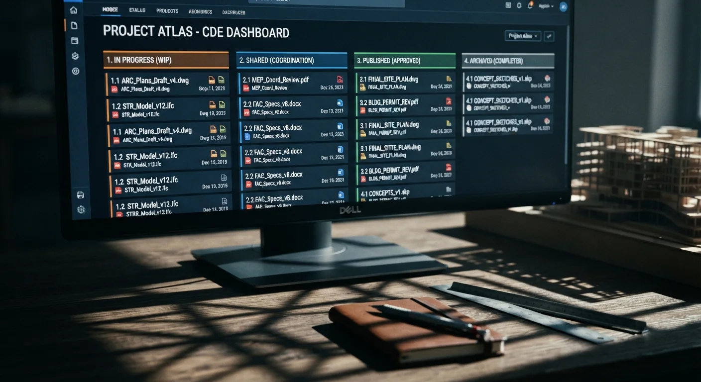 Monitor screen showing a common data environment interface with four status columns