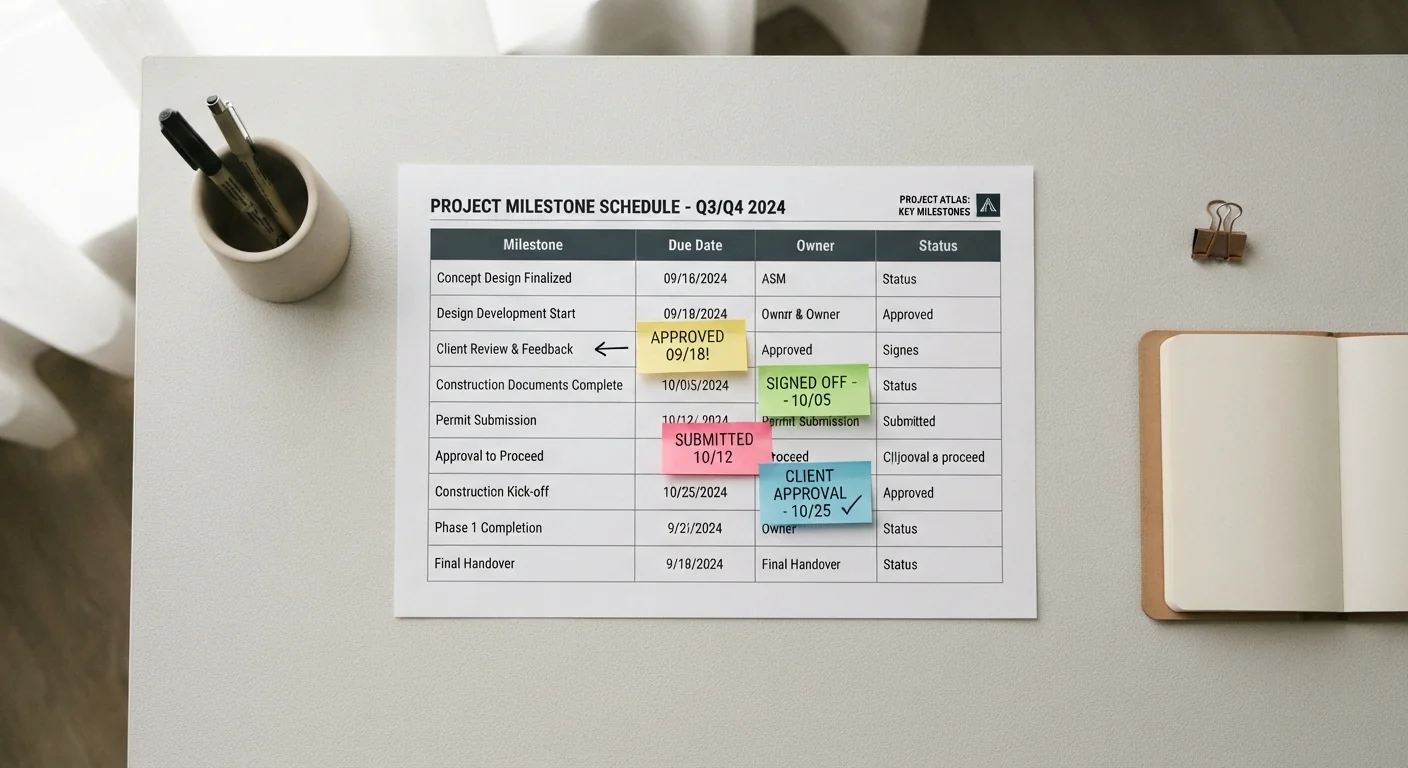 Printed project milestone schedule with sticky notes marking approval dates