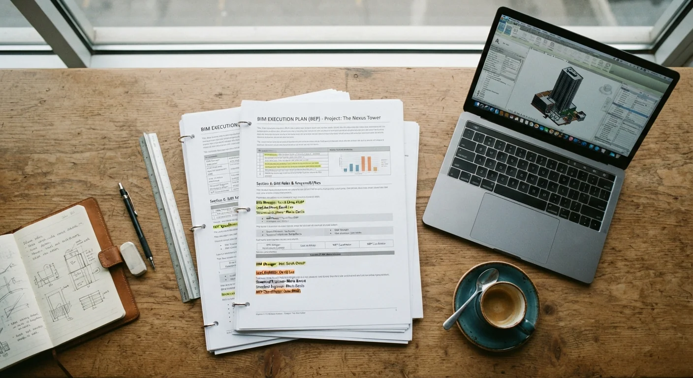 Overhead view of a printed BIM execution plan document being reviewed on a desk