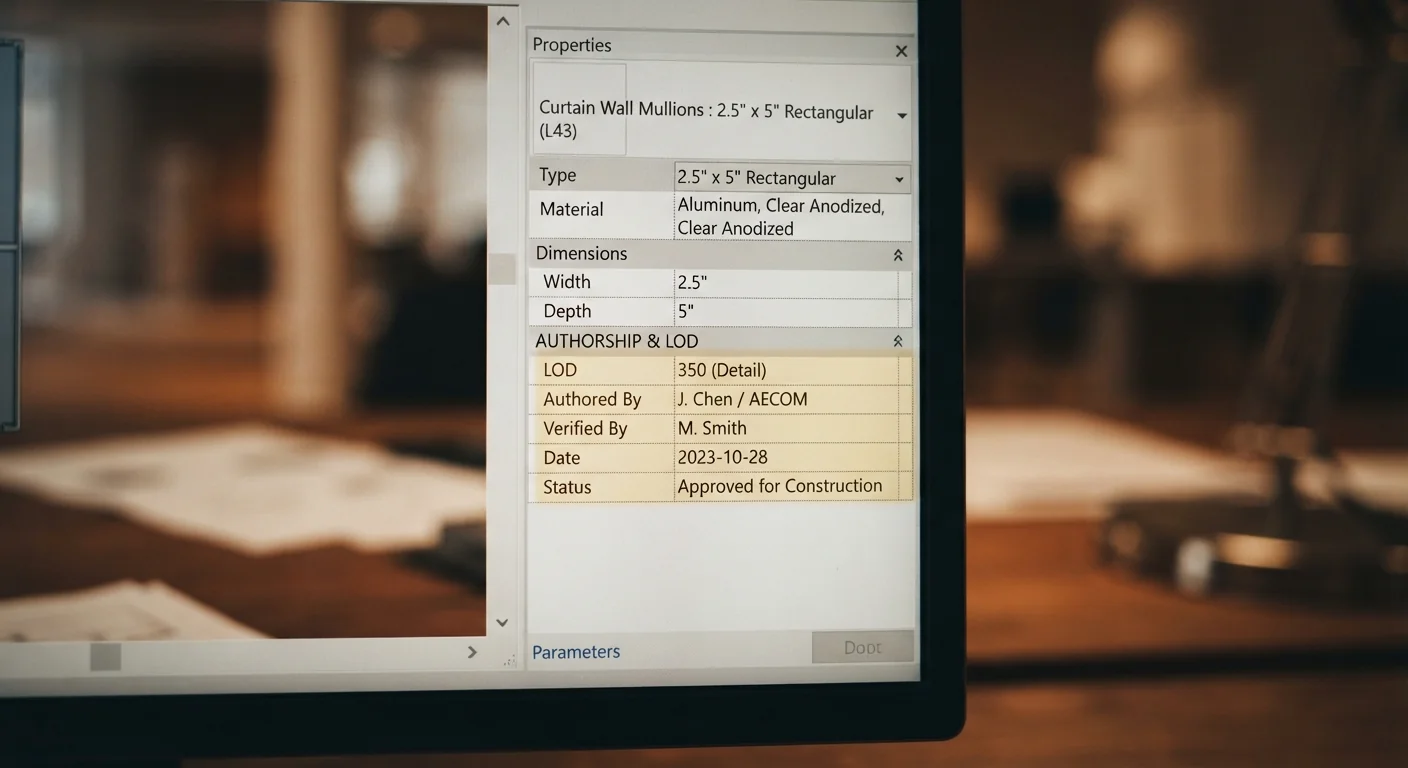 Close-up of Revit element properties panel showing LOD authorship notes on screen